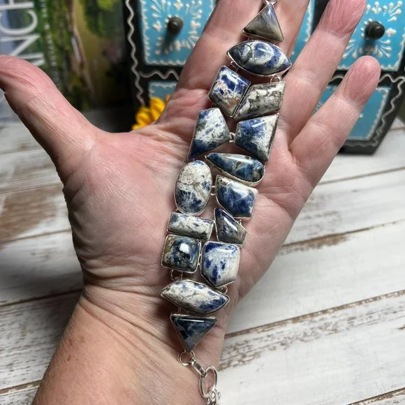 Sodalite Bracelet Handmade Stone Gemstone 925 Silver Large Ethnic Bohemian New!
